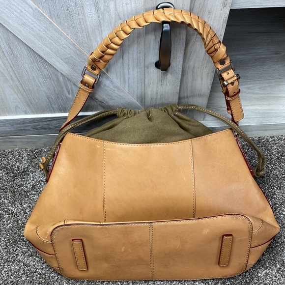Calvin Klein Tan Leather Saddlebag Canvas Drawstring Woven Handled Bag Rare - Picture 6 of 11